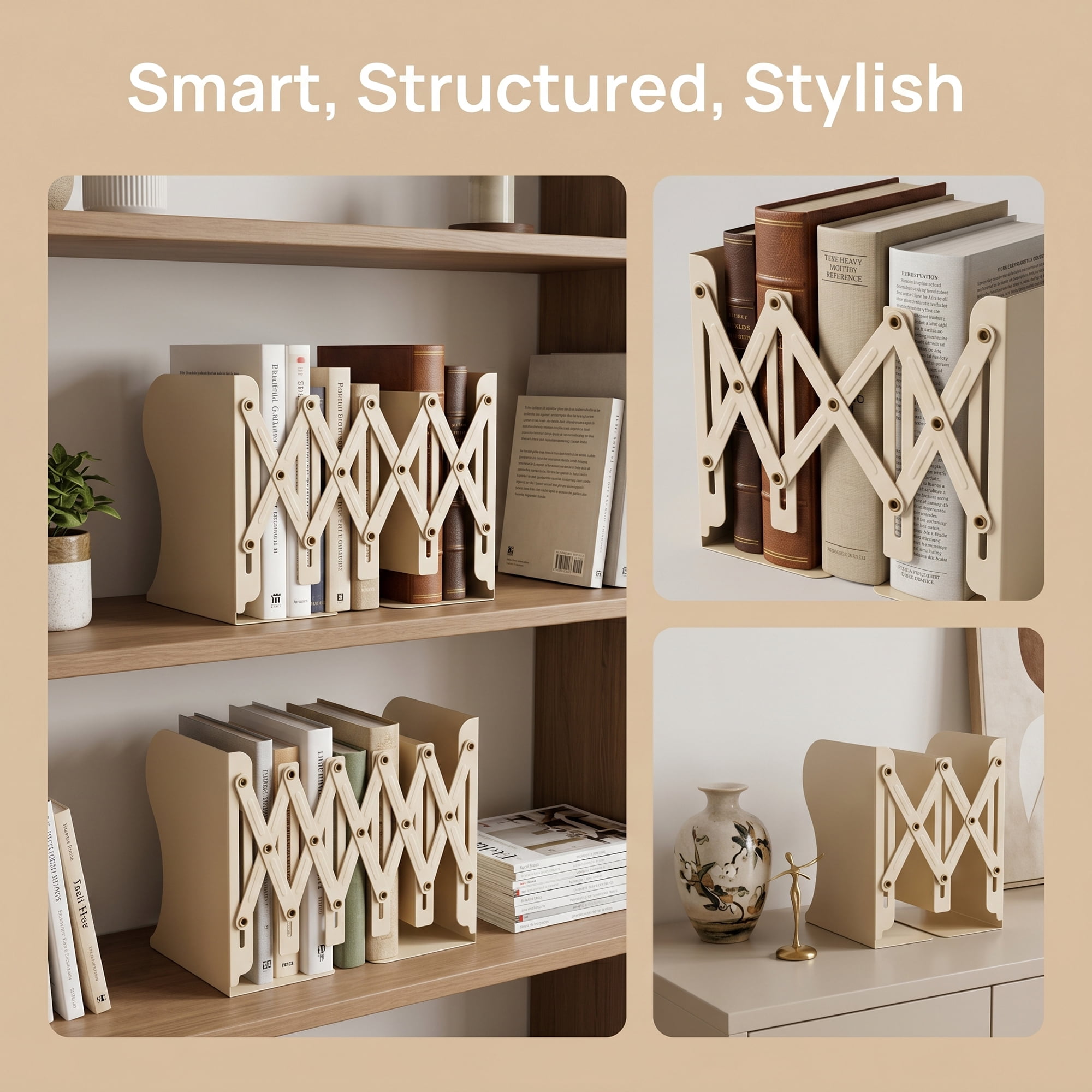 Unique Bargains Adjustable Metal Expandable Book End Holder beige 3.9" x 5.7" x 7.5"