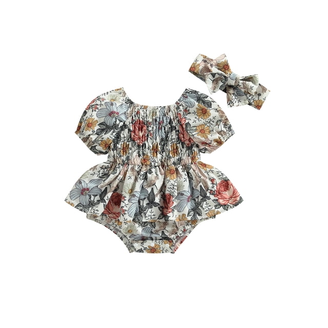 Gupgi Bébé Filles Floral Robe Romper, Short Bouffant Manches Jupe Ourlet Combinaisons d'Été avec Bandeau