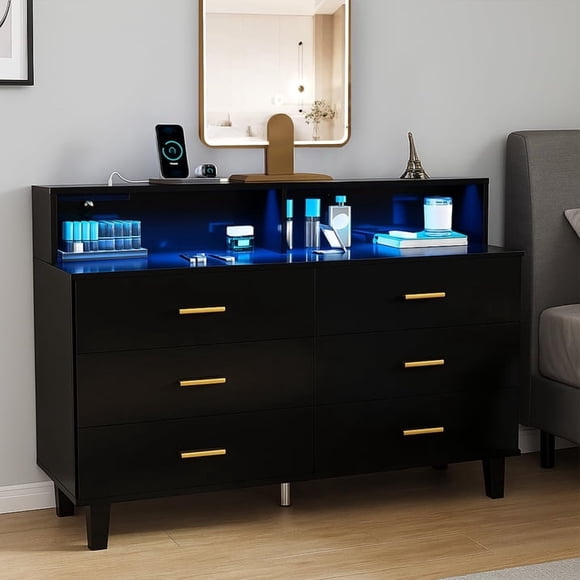 Cómoda Cajonera de 6 Cajones, Cómoda con Luz LED y Toma de Corriente,120 * 40 * 93cm