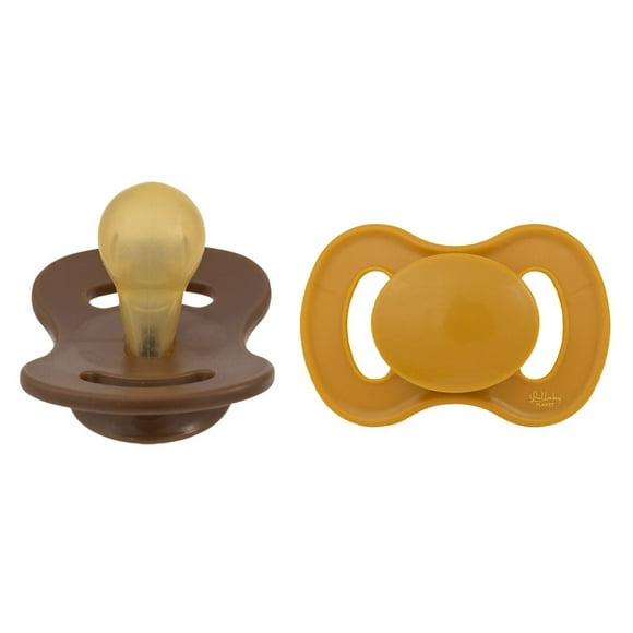 Lullaby Planet Pacifiers 2 Pack | Adorable Round Latex Design | Functional Fashionable & Comfortable Design | Honey Mustard & Hazelnut Brown | 6-18 Months