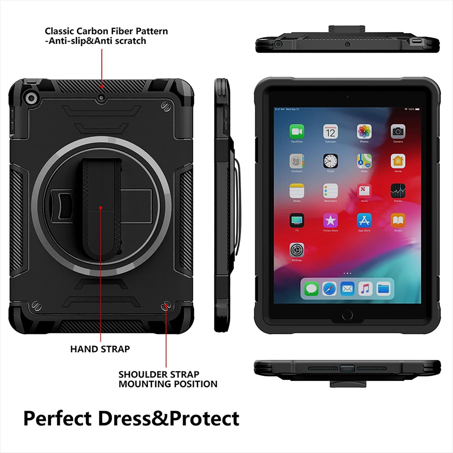 Shockproof Case for Apple iPad 6th 5th Generation, with Pencil Holder Military Grade Protection Rotating Stand Hand Strap Shoulder Strap Bumper Rugged Case for iPad 6th 5th Gen 9.7", Black