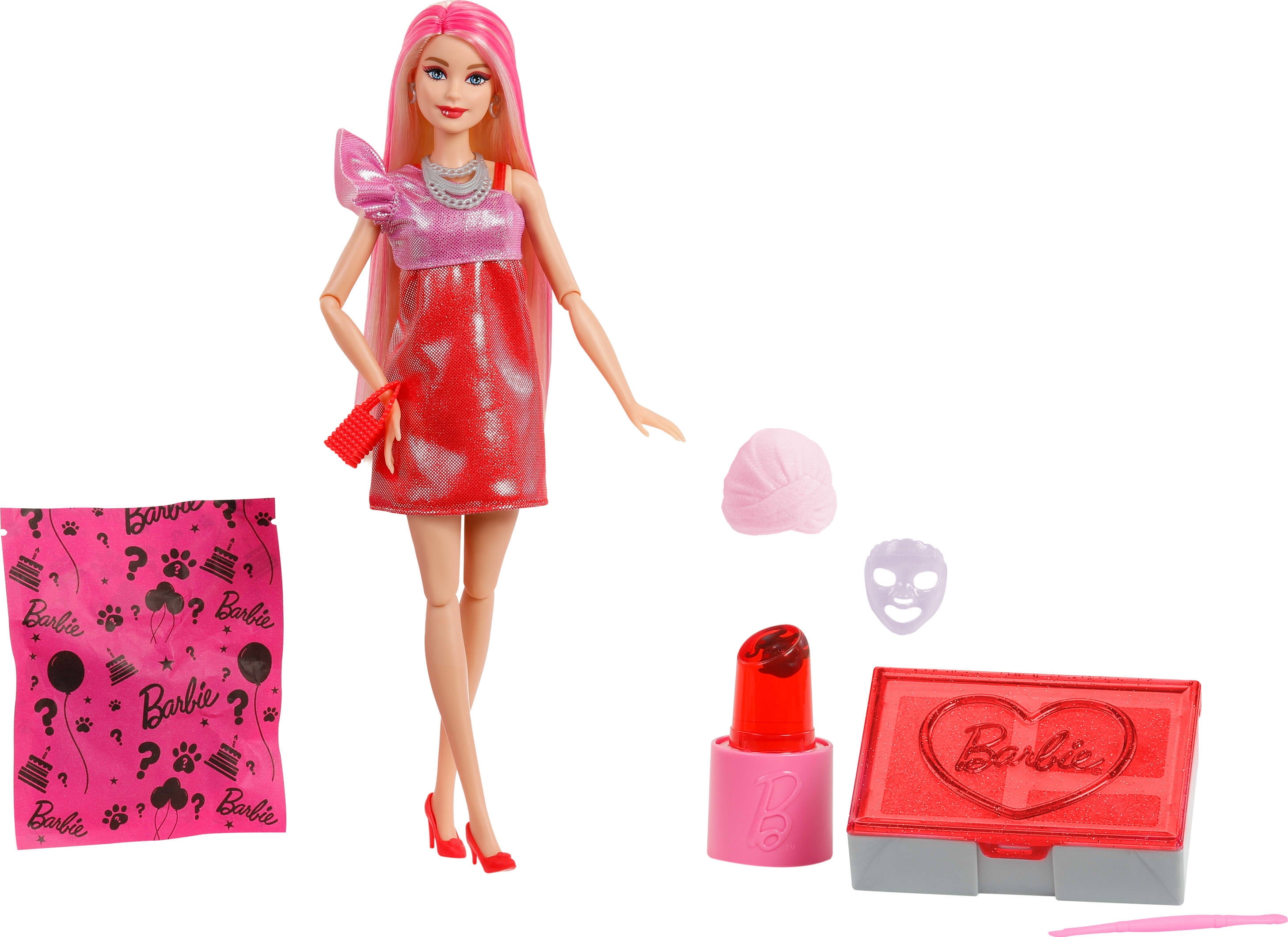 Barbie Party Unboxed Glam Party Series Red Sparkle Doll & Accessories with 10 Surprises