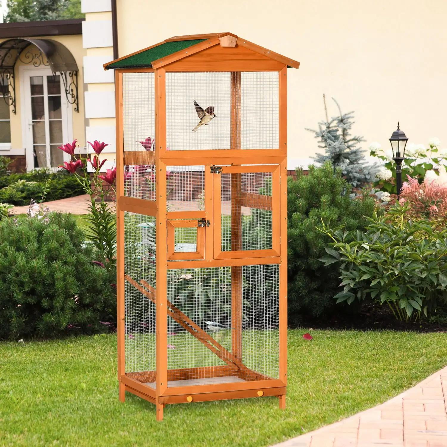 Pefilos Outdoor Bird Aviary, 65" Wooden Birdcage with Pull Out Tray 2 Doors, Ideal for Small Birds, Finches, Orange