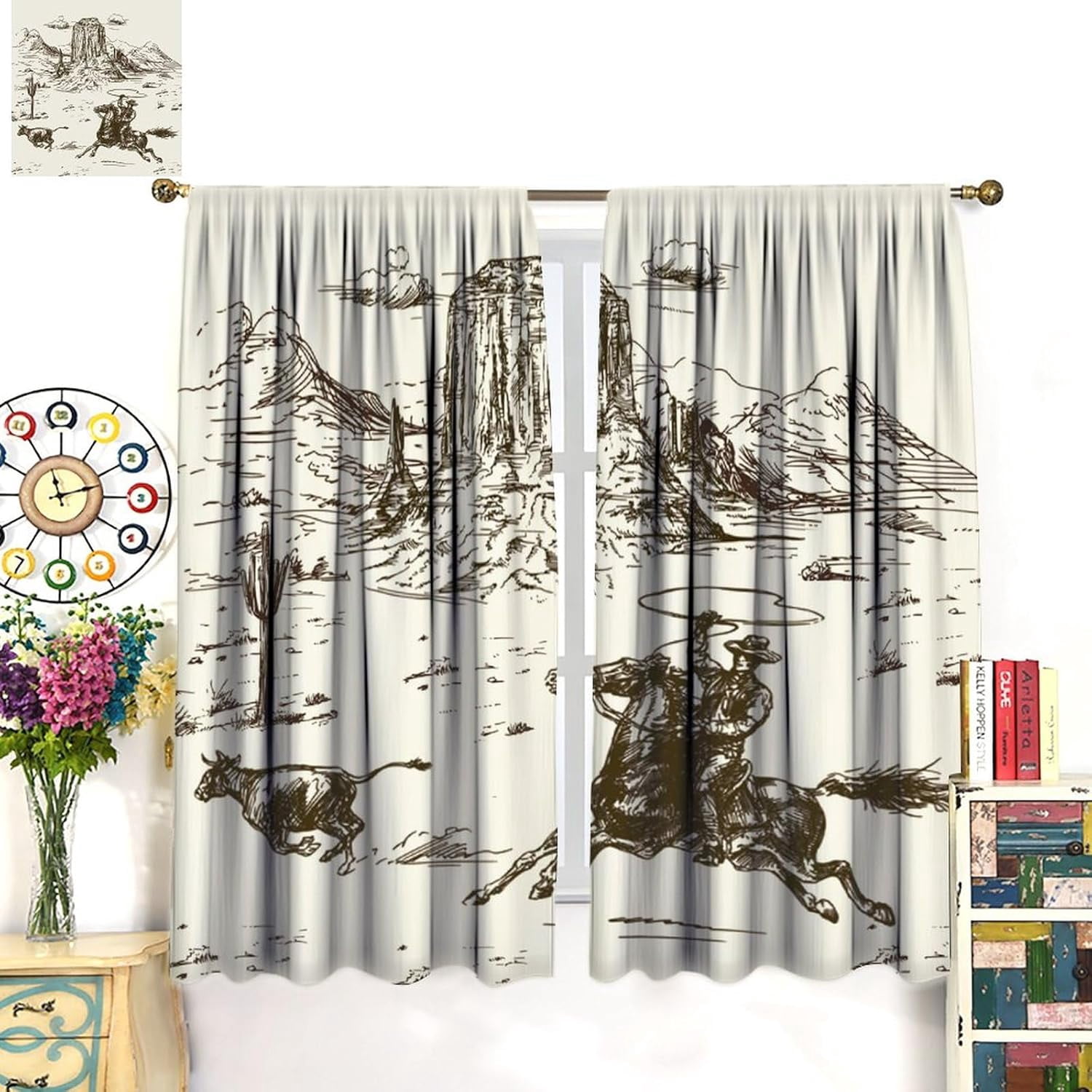 Vintage American Wilderness Western Cowboy Blackout Curtains for Bedroom,Sketch Style Western Cowboy Cacti Room Darkening Window Curtains with Rod Pocket - 2 Panels 84" L x 42" W