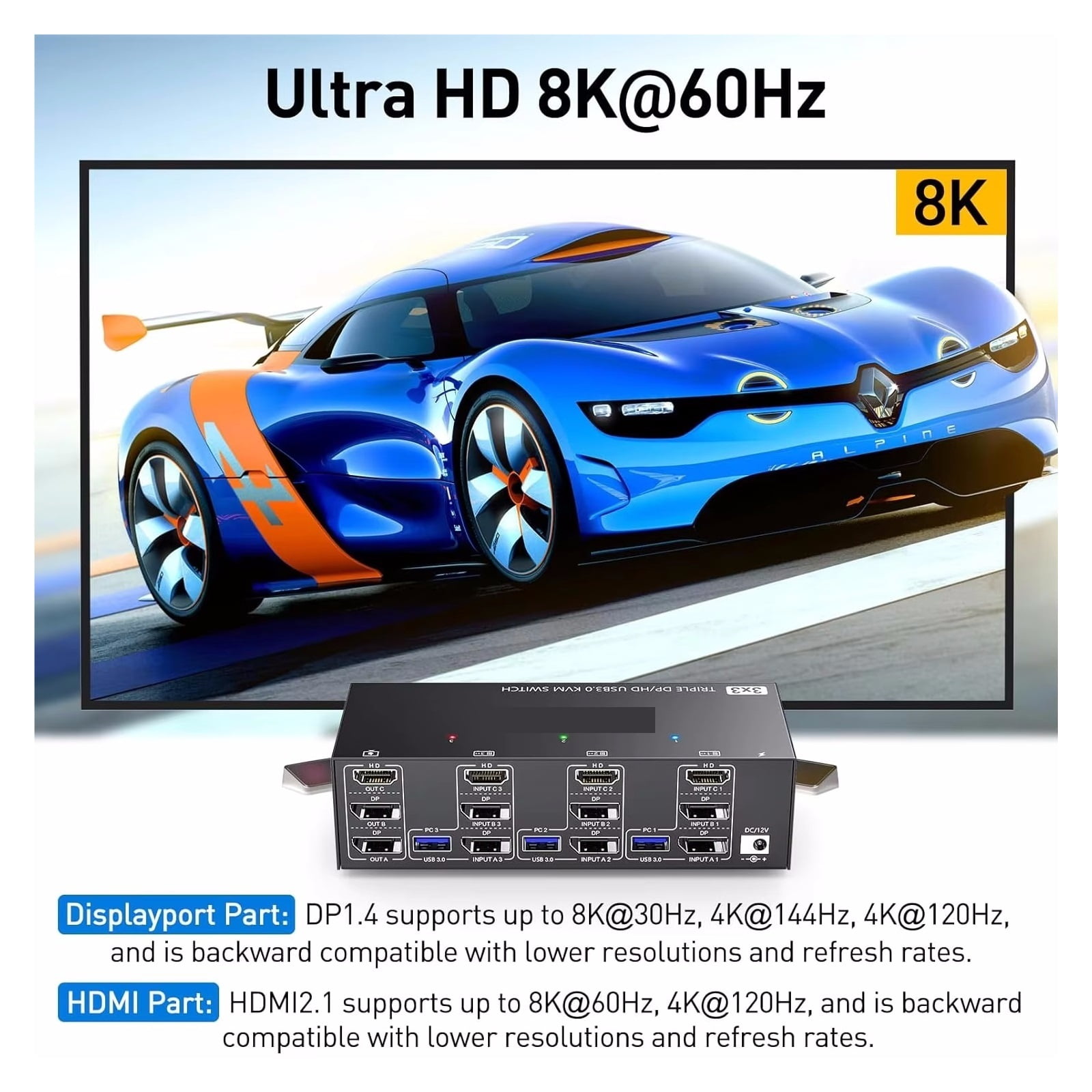 8K USB 3.0 2.1 DP 1.4 KVM Switch 3 Monitors 3 Computers, 8K60Hz,4K144Hz Triple Monitor KVM With 4 USB 3.0 Ports