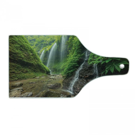 Waterfall Cutting Board, Waterfalls Side Valley in Indonesia with Southeast Bushes Above Hills, Decorative Tempered Glass Cutting and Serving Board, Wine Bottle Shape, Green and Brown, by Ambesonne