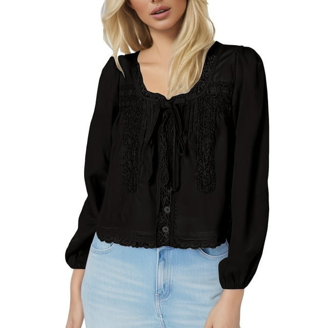 Tie Front Lace Tops For Women Trendy Ruffle Trim V Neck Chiffon Blouses Sheer Peplum Long Sleeve Button Shirts