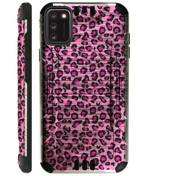 Compatible with TCL A3X Brushed Metal Texture Hybrid Silver Guard Phone Case Cover (Pink Leopard Skin)