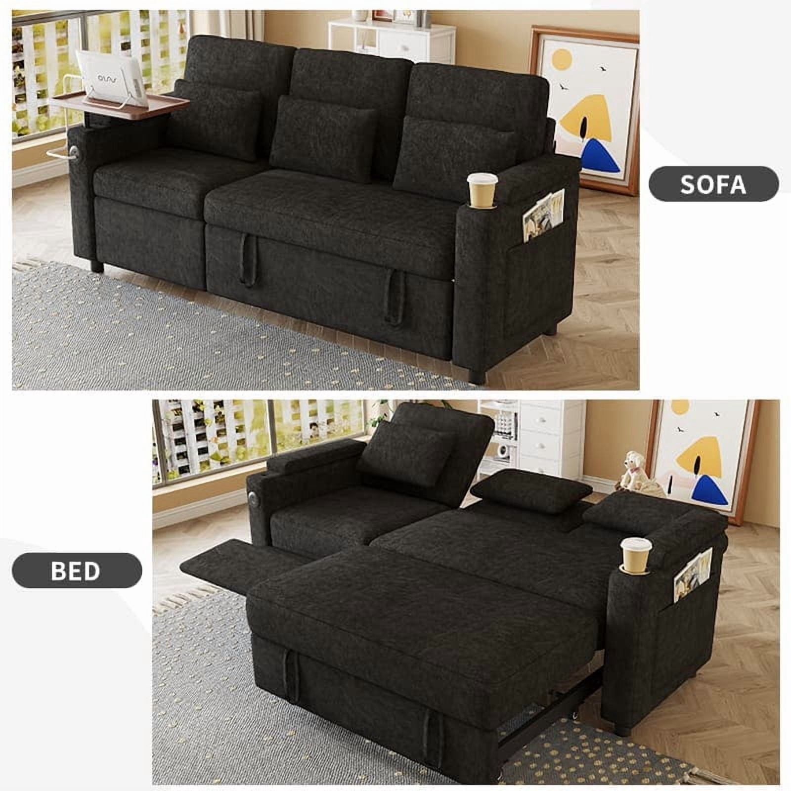 Aukfa 83" Convertible Sofa Bed, Chenille 3-Seater Pull-Out Sleeper Couch with Recliner, USB Port, Swivel Table & Storage Armrests,Black