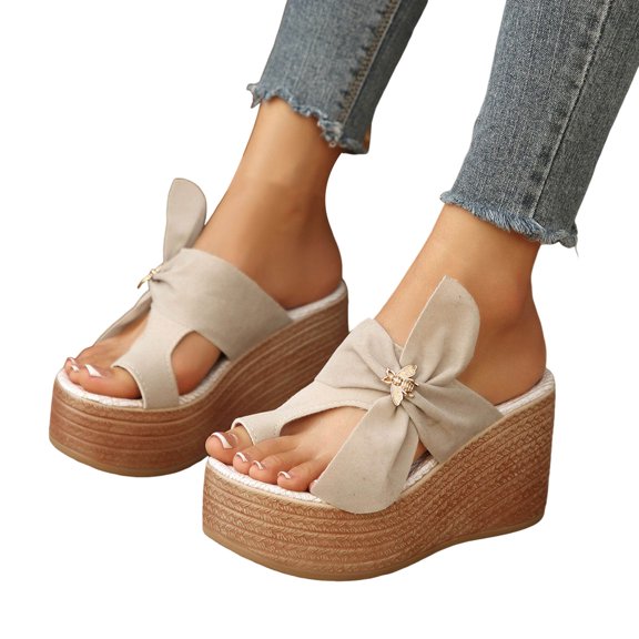 Rokment Women's Platform Wedge Flip Flops Delicate-Bee Bowknot Fashion Casual Suede Extra Chunky High Heels Slip on Backless Dress Sandals Comfortable Walking Slides Summer Shoes Beige Size 6