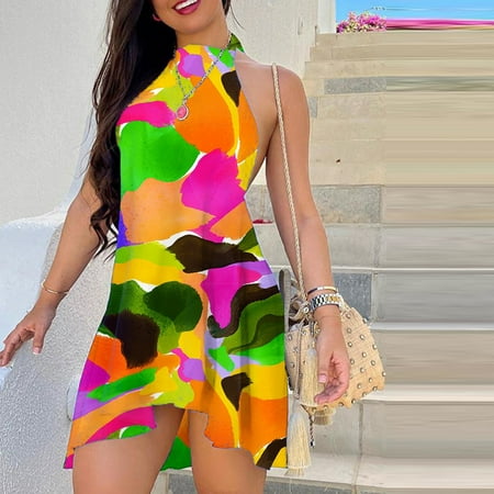 

Tawop Women S Summer Hanging Neck Strap Sleeveless Printed Sexy Backless Dresses White Floral Dress For Women