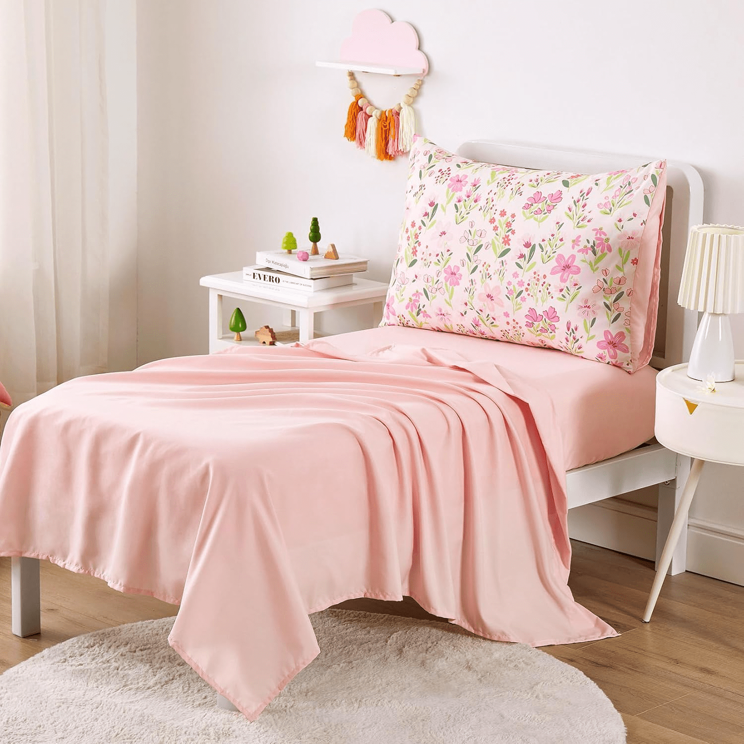 AllWays Plaza - Floral Toddler Bedding Set for Girls, Cute Colorful Botanical Flowers, 4 Pieces Soft Crib Bed Set Including Comforter, Sheets and Pillowcase, Light Pink