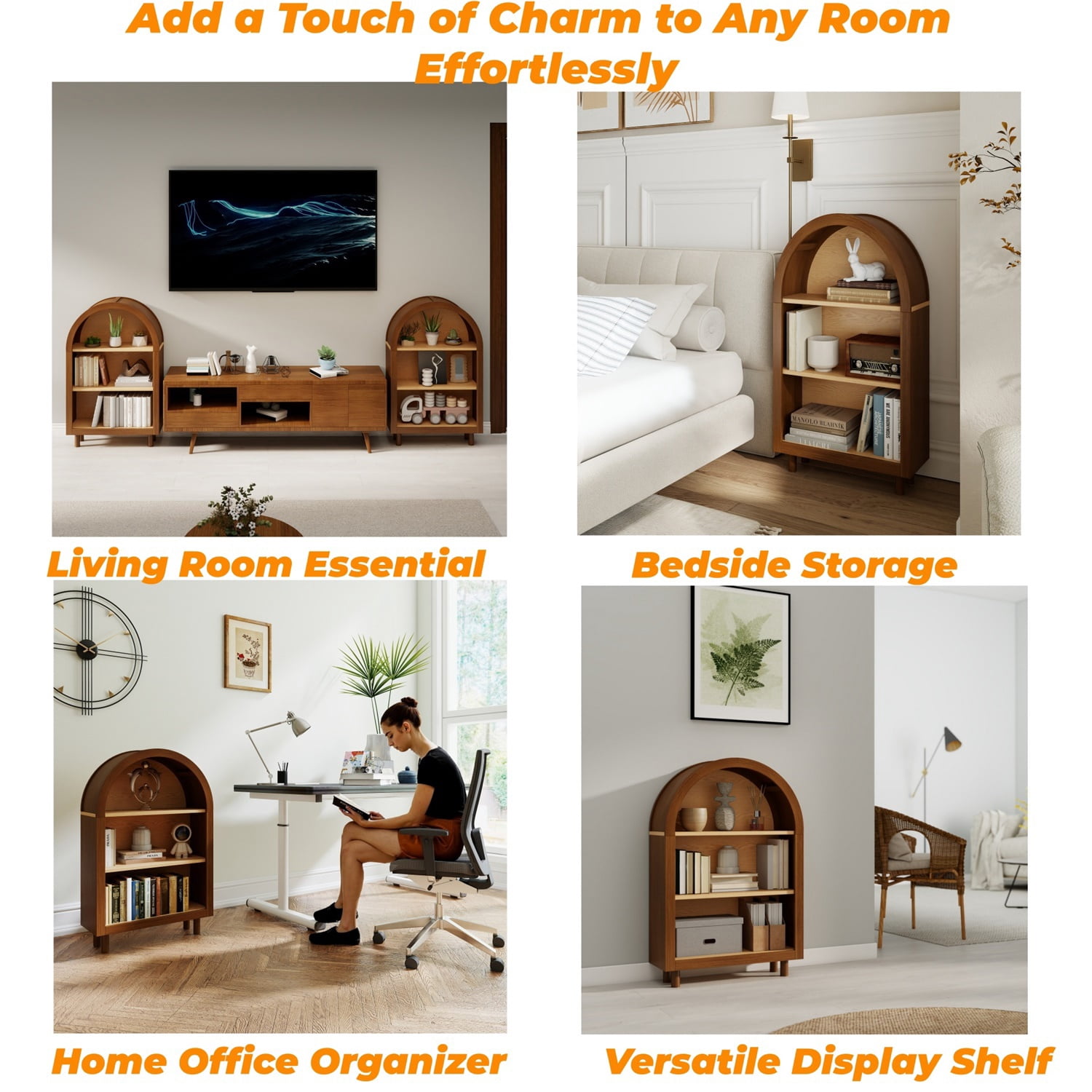 Hommoo 3-Tier Shelves Arched Bookcase Storage Cabinet,Wooden Modern 37.4"H Arched Top Bookshelf for Living Room, Bedroom, Entryway, Walnut