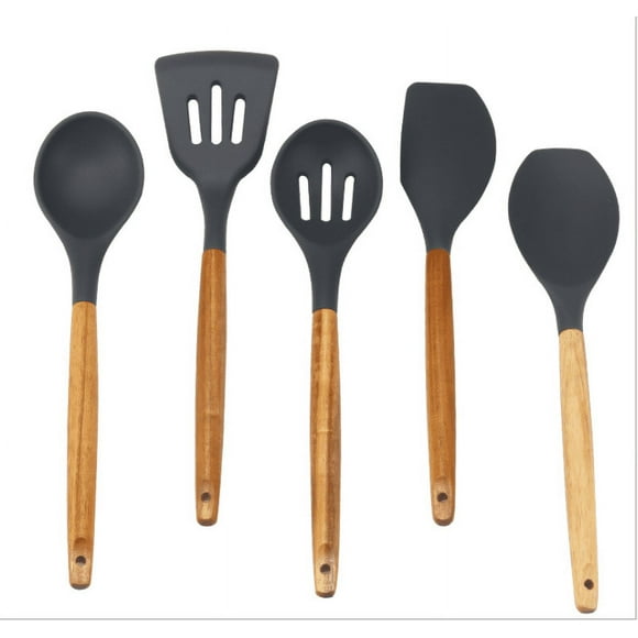 Flexible Edge Kitchen Utensils, Silicone Slotted Turner, Non Scratch, Heat Resistant to 464°F, Wooden Non-slip Grip for Rustic Farmhouse Cooking