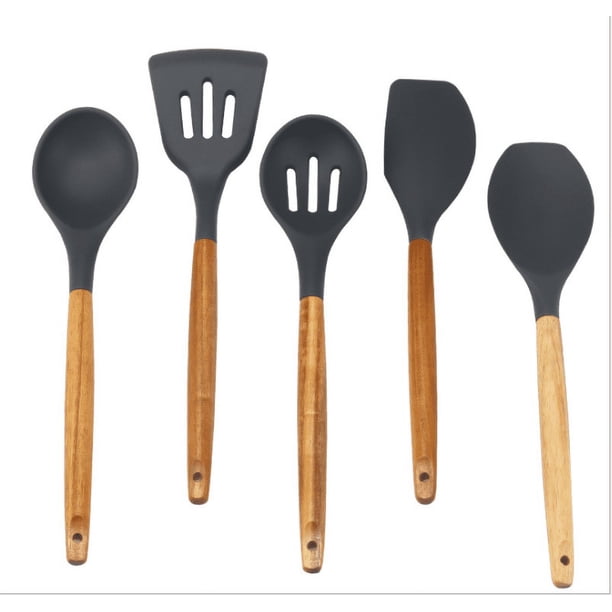 Utensilios de cocina antirayaduras, juego de espátulas ranuradas de silicona, resistentes al calor hasta 464 °F, agarre antideslizante de madera, borde flexible, tamaño ideal para cocinar
