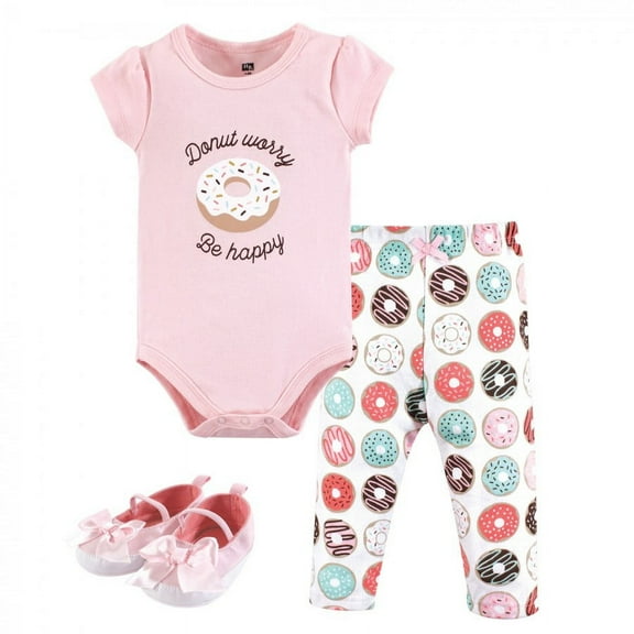 Hudson Baby Infant Girl Cotton Bodysuit, Pant and Shoe 3pc Set, Donut Worry, 0-3 Months