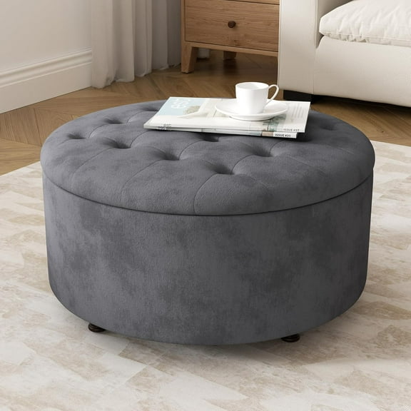30 Inch Round Storage Ottoman,Modern Tufted Ottomans,Circular Coffee Table with Removable Top,Upholstered Large Ottoman with Storage Footrest Stool for Bedroom Living Room (Grey)
