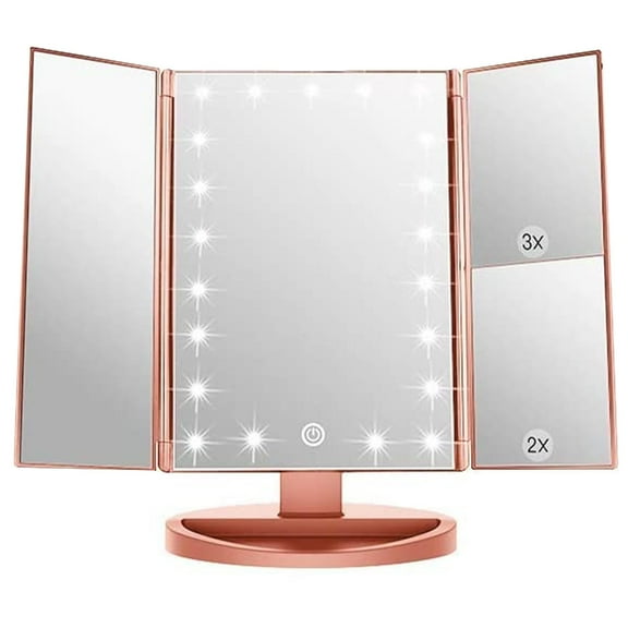 Makeup Vanity Mirror Magnifying with 21 LED Lights, Cosmetic Standing Table Mirror, 3X/2X Magnified Travel Foldaway Mirror, 180 Degree Rotation Rose Gold