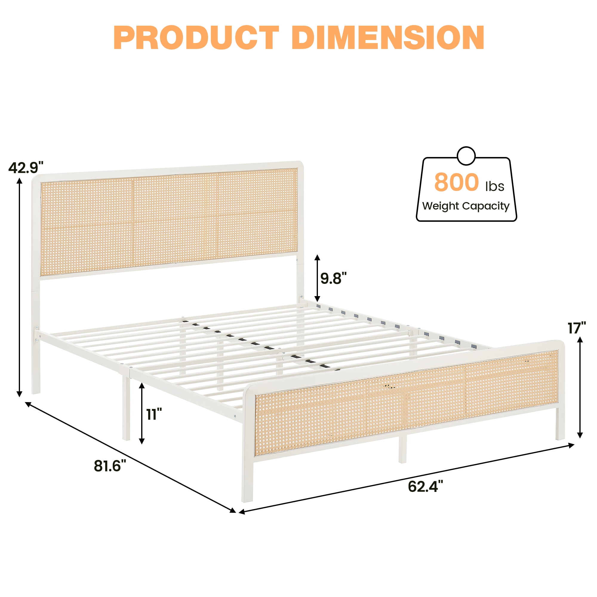 Full Size Bed Frame with Rattan Headboard and Footboard, Platform Full Bed Frame with Safe Rounded Corners, Strong Metal Slats Support, Mattress Foundation, Noise-Free, White