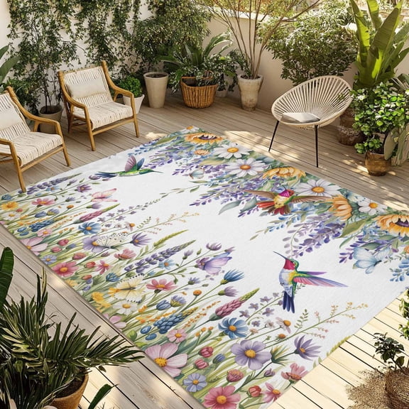 Watercolor Floral Outdoor Rug for Patio/Deck/Porch, Non-Slip Large Area Rug 6 x 9 Ft, Spring Daisy Sunflowers Wisteria Hummingbird Indoor Outdoor Rugs Washable Area Rugs, Camping Rug Carpet Runner