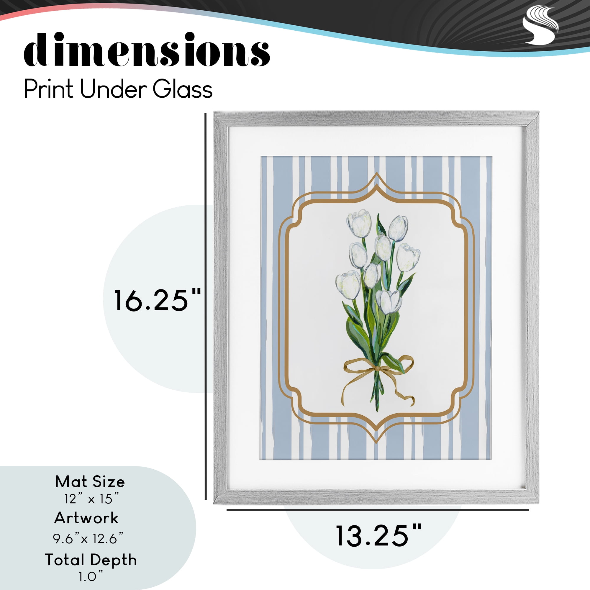White Tulip Bouquet & Stripes Gray Framed Print Under Glass, design by Adonna Ebrahimi