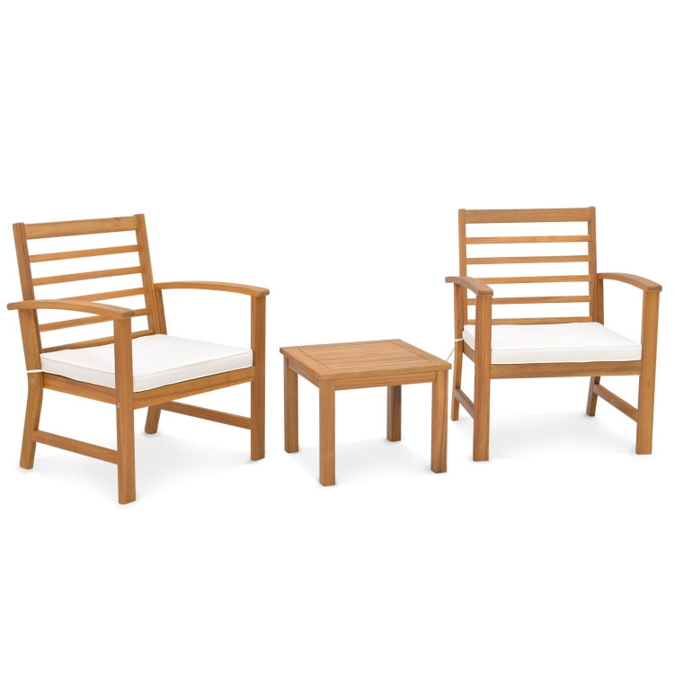 Aimee Lii 3 Pieces Outdoor Furniture Set with Stable Acacia Wood Frame, Patio Furniture Sets, White Aimee Lii 3 Pieces Outdoor Furniture Set with Stable Acacia Wood Frame, Patio Furniture Sets, White