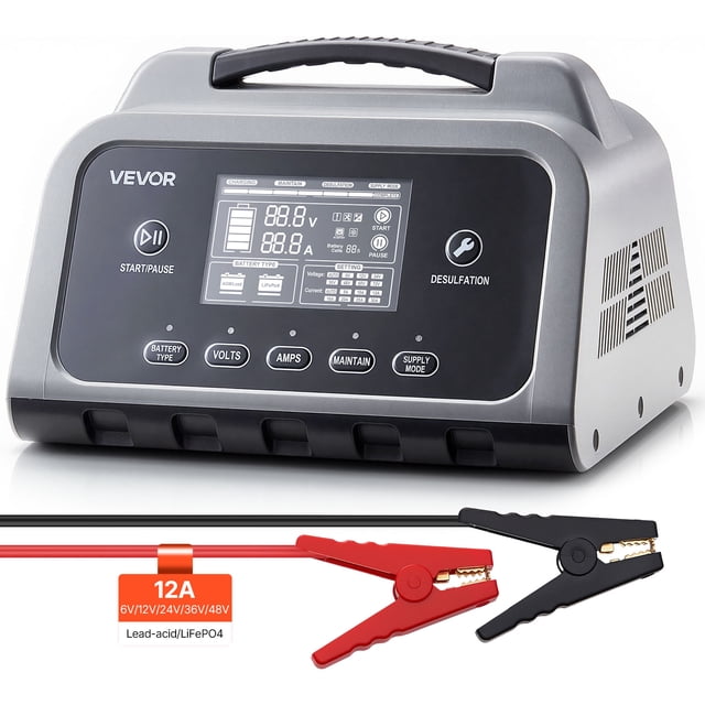 Cargador de batería inteligente VEVOR, 12A, 6V 12V 24V 36V 48V, para baterías de litio LiFePO4 y plomo-ácido (gel/AGM) para coche, con pantalla LCD, mantenedor de carga lenta y desulfatador