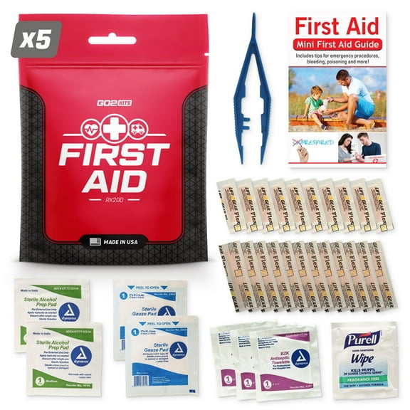 Go2Kits First Aid Kit 2.0 with Cleansing Wipes USA Made 38 Piece Basic Plus (5 Pack)
