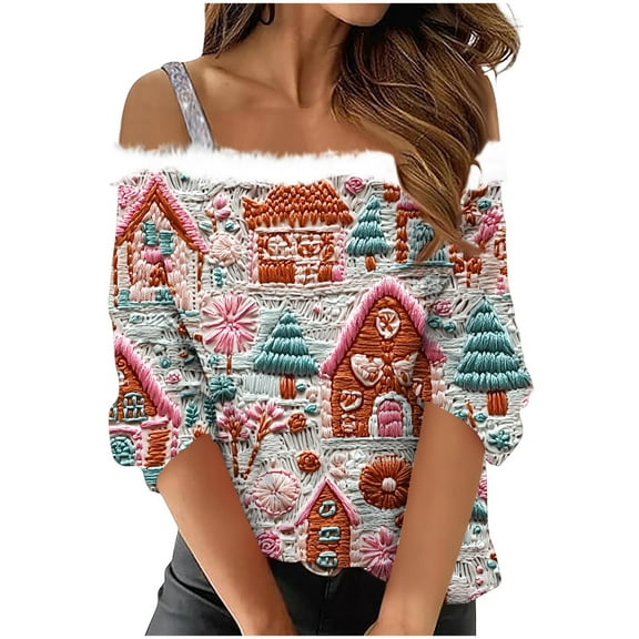 Christmas Tshirts Women Funny Ladies Seasonal Style T-Shirt 3/4 Sleeve Tops Crew Neck Christmas Top Fall Clothes My Items