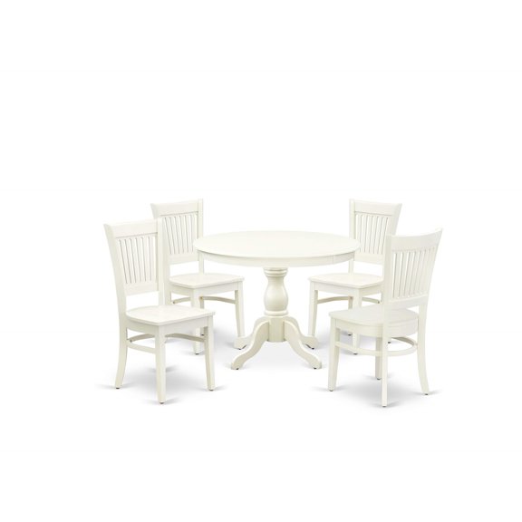 Ergode HBVA5-LWH-W, 5-Piece Dinette Set, Round Kitchen Table with Pedestal, 4 Dining Chairs, Linen White, Asian Solid Wood, High-End Finish, Easy Assembly, Suitable for Home Parties, 42x42 Inch
