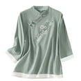 thumbnail image 4 of Embroidered 3/4 Sleeve Boho Tops Linen Clothing For Women Chinese Frog Casual Blouses Chinese Frog Button Tees Boho Peasant Gauze Blouses Peasant Blouse Womens Gauze Tops Womens Summer Tops Green L, 4 of 5