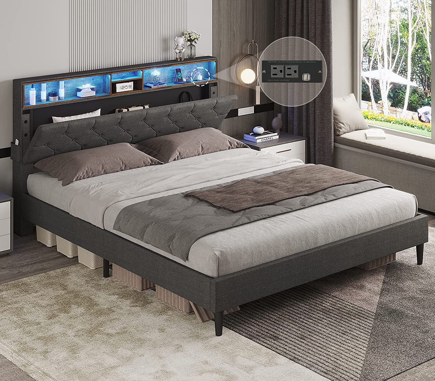 Queen Size Platform Bed Frame with LED Lights Headboard&Outlets&USB