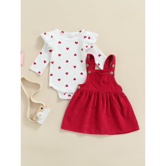 Jaweiwi Baby Girl´s Two-Piece Suit, Heart Pattern Ruffle Long Sleeve Round Neck Romper   Suspender Skirt
