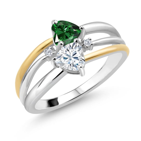 Gem Stone King 925 Silver and 10K Yellow Gold Green Nano Emerald and White Moissanite and White Lab Grown Diamond Band Ring for Women (0.94 Cttw, Gemstone May Birthstone, Heart Shape 5MM, Size 5)