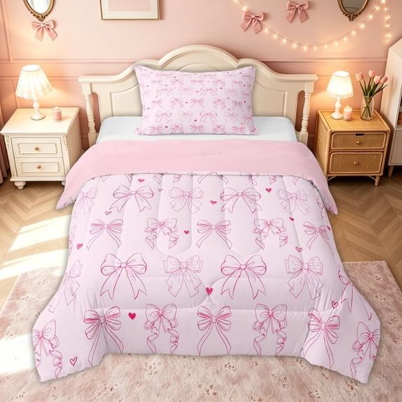 meiyoeat Girly Pink Bow Twin Comforter Sets for Kids Girls, Line Art Love Hearts Bedding Set for Bedroom, Pink Reversible, 2-Piece