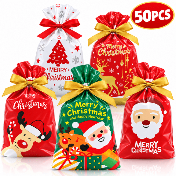Christmas Candy Bags Christmas Goodie Bag Drawstring Treat Bags Cookie Bags for Party Favor Supplies 50Pcs