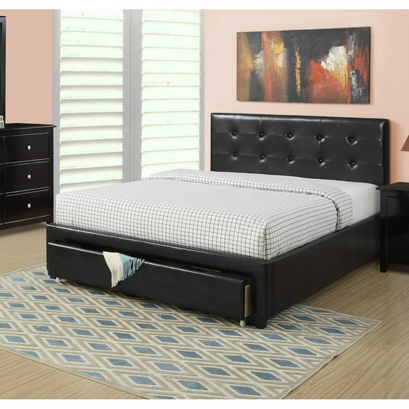 Tcbosik Queen Size Black Upholstered Platform Bed with Tufed Headboard, Storage Bed with Drawer for Bedroom, Guest Room