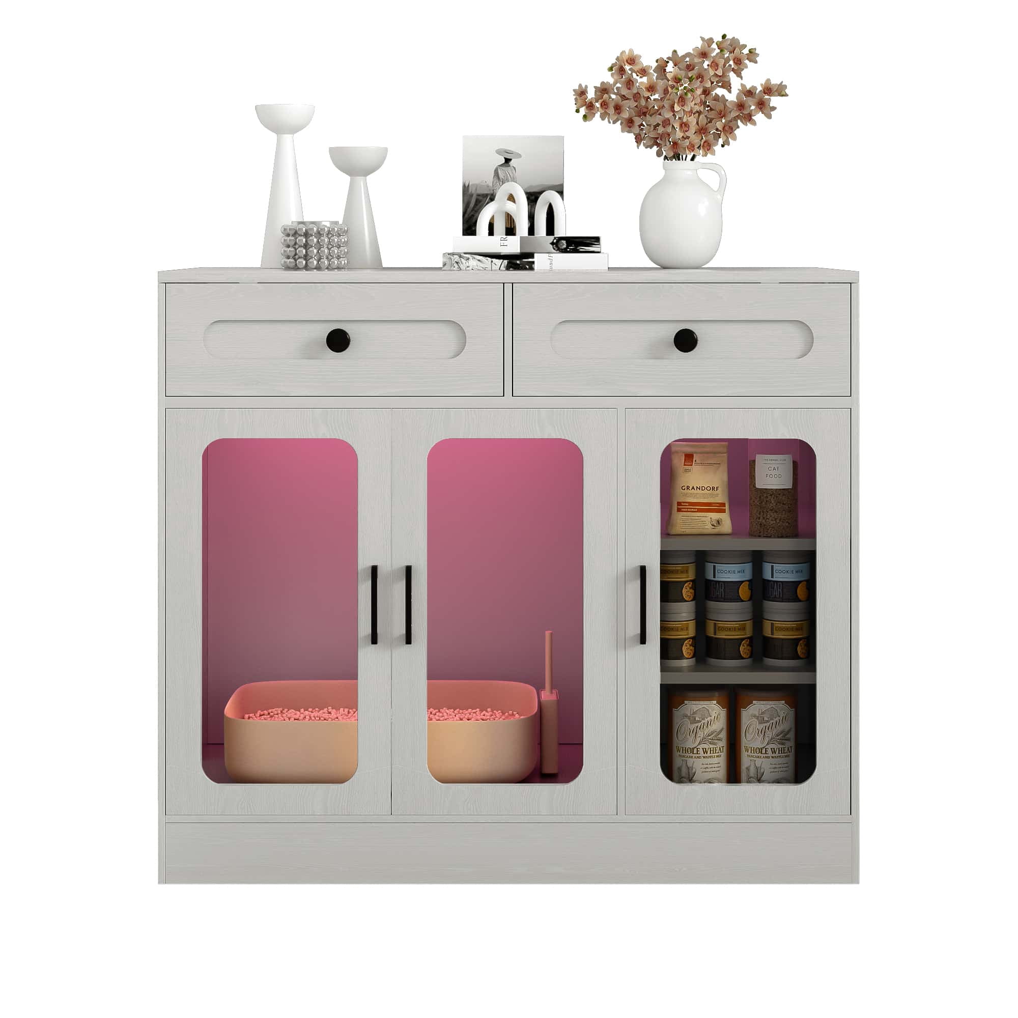 Cat Litter Box Enclosure with Glass Door and Side Access, Hidden Kitty Cabinet with Storage Drawers and Built-in Light, Indoor Cat House Side Table, Light Gray