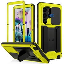 Aluminum Metal Gorilla Glass Shockproof Military Heavy Duty Sturdy Case for Samsung Galaxy S24 Ultra,Dteck Built-in Screen Full Body Silicone Case Slide Lens Protection Kickstand Cover,Yellow