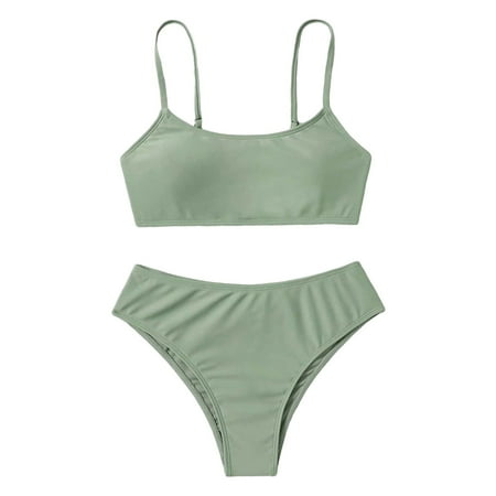 Toimothcn Swimsuit For Girls Sleeveless Casual Solid Color 2 Piece Bikini Set Quickly Dry Cover Up Swimwear 9-11 Years