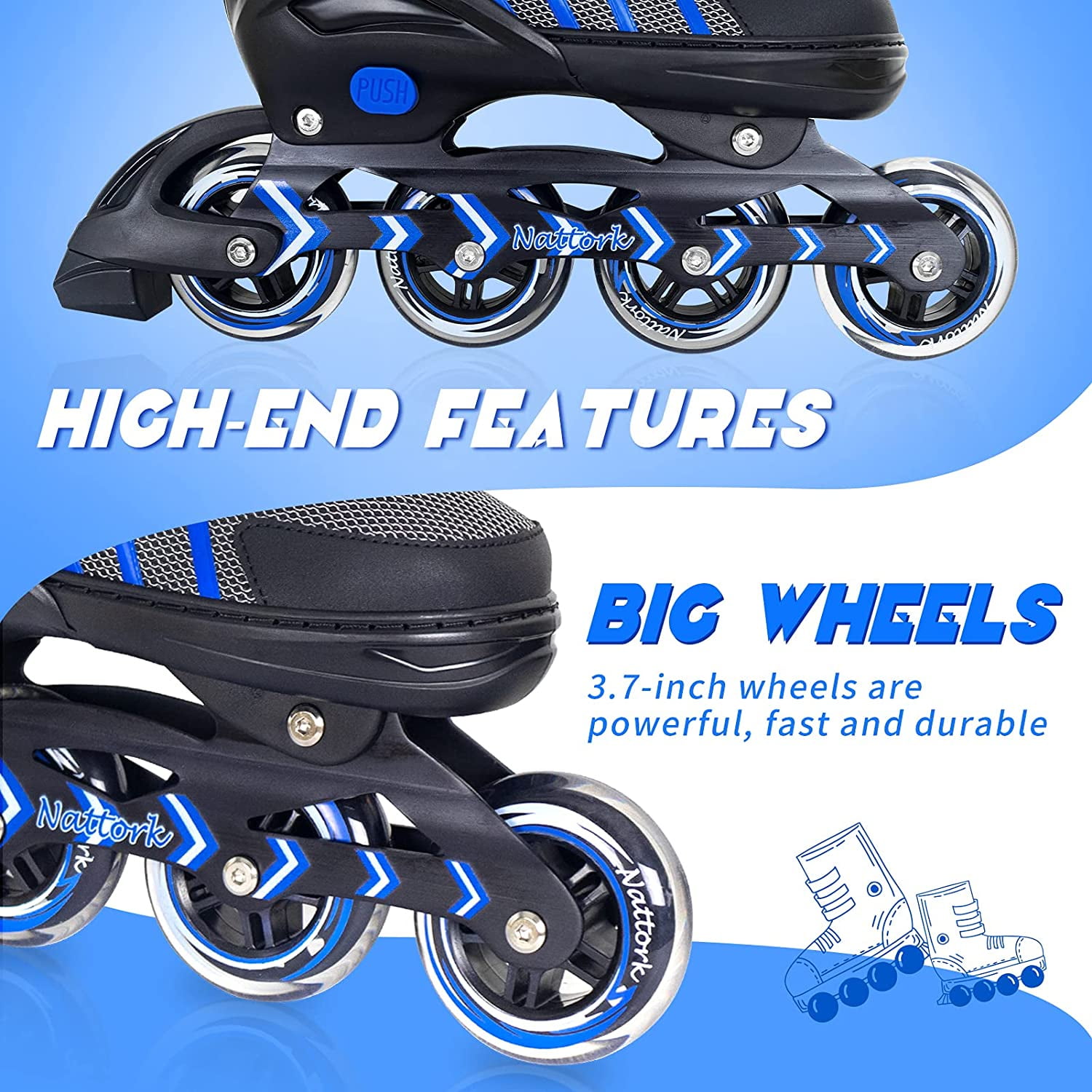 SubSun Inline Skates for Adults Men Women Adjustable Aggressive Durable Roller Blades with Giant Wheels Blue S