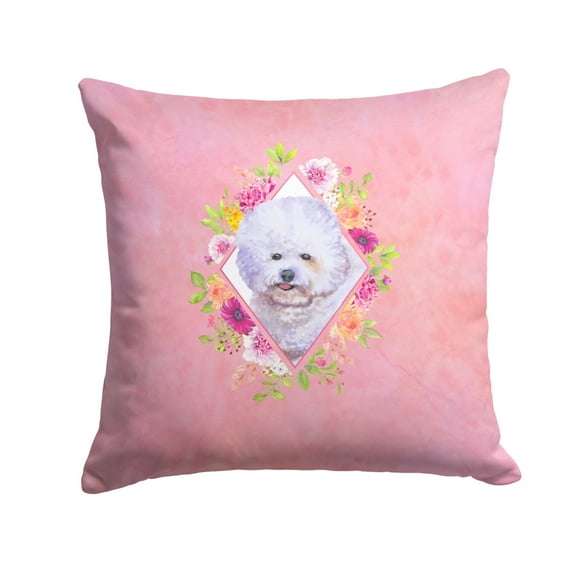 Carolines Treasures CK4120PW1414 Bichon Fris? 2 Pink Flowers Fabric Decorative Pillow 14Hx14W multicolor