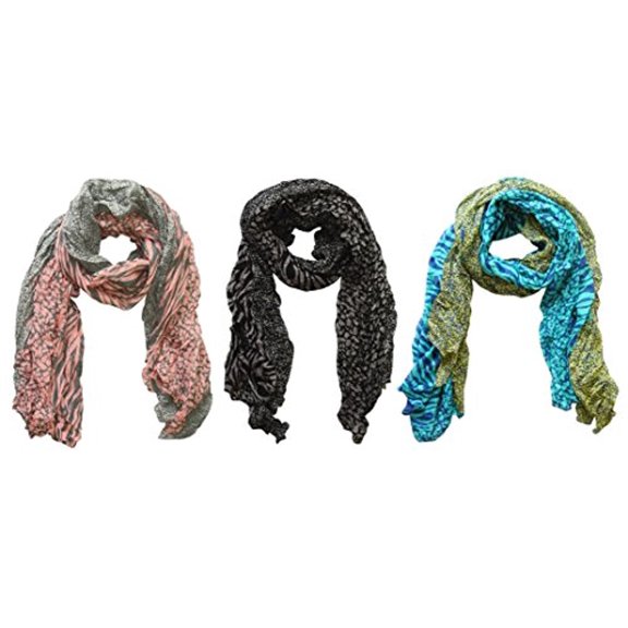 All Seasons Retro Zebra and Leopard Mix Animal Print Crinkle Beautiful Scarf wrap 3 pack Pink Black Teal