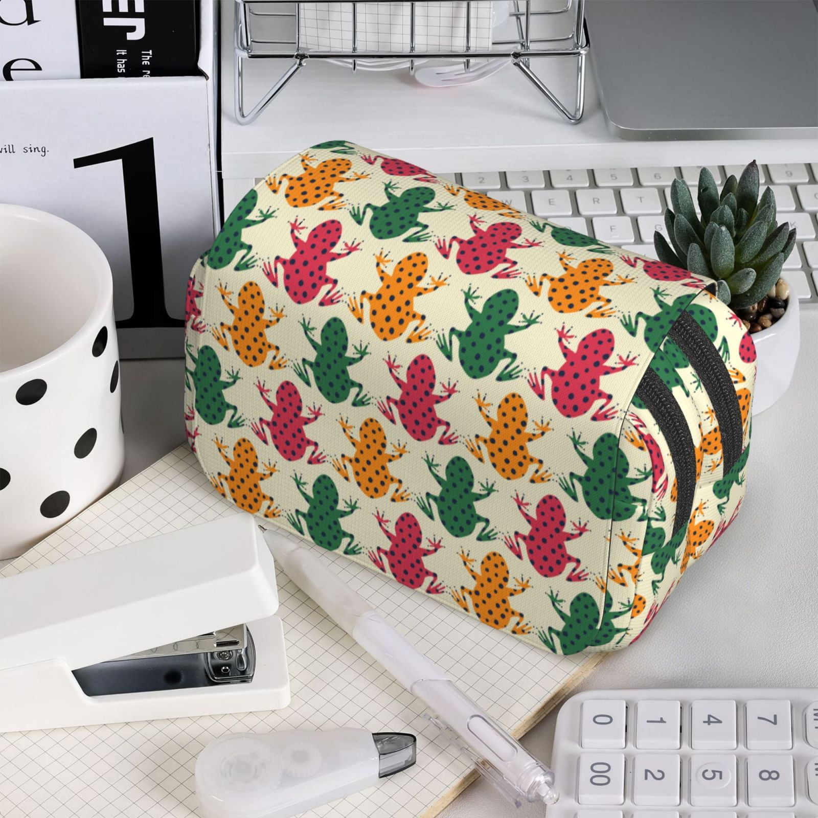 Rateoe Colorful Frogs Pattern Double Clamshell Pen Case, Storage Organizer with Two Zipper Compartments– Holds Up to 50 Pencils & Pens