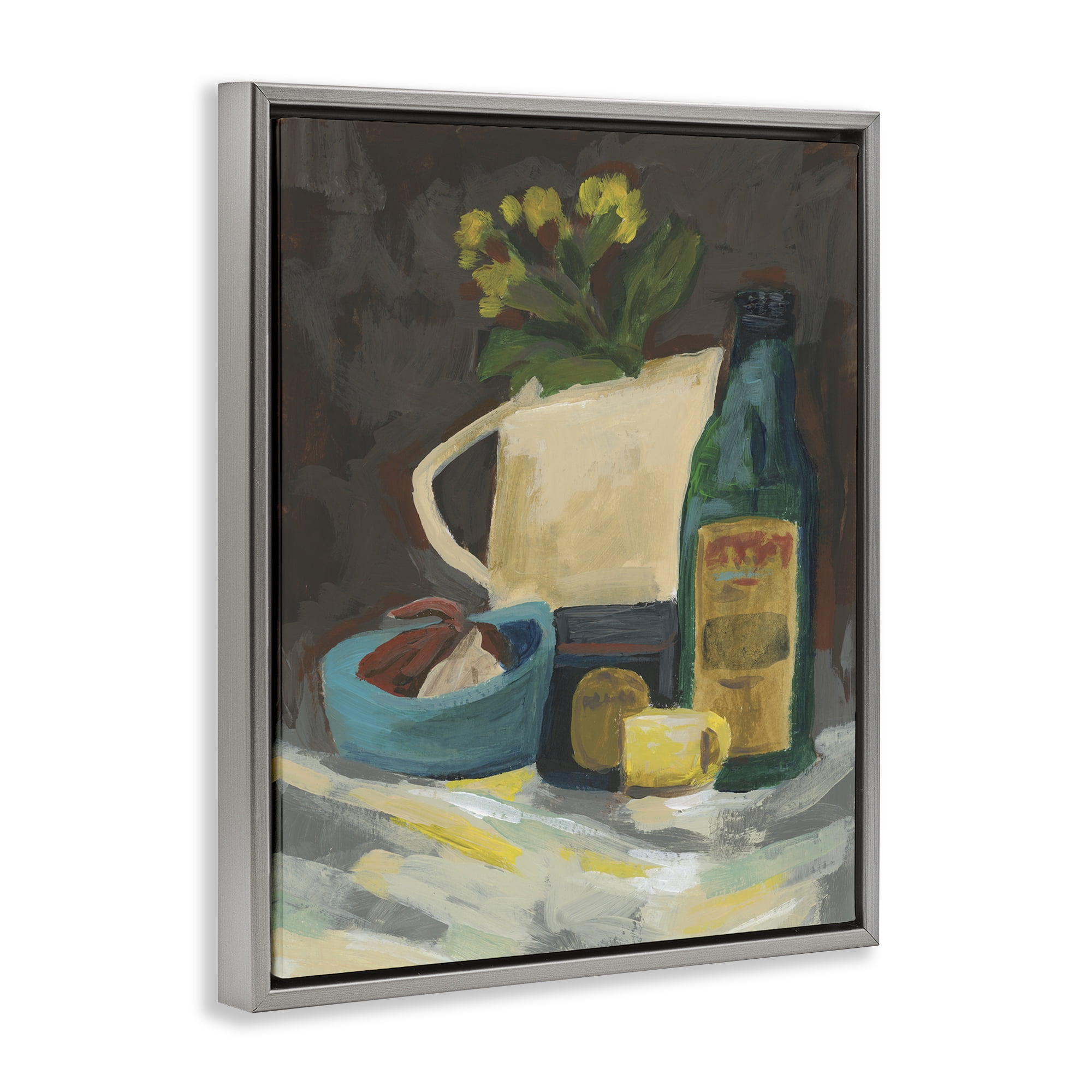 Stupell Industries Impression of Still Life Plants & Flowers Painting Gray Floater Framed Canvas Art Print Wall Art, 17 x 21