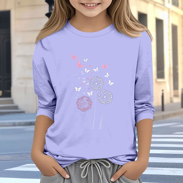 Blusas y camisas de cuello redondo y manga larga para niños, blusas/camisas de poliéster con estampado de corazones, mangas 3/4 y cuello redondo, elegantes e informales.