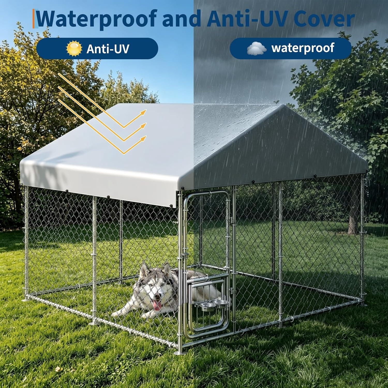 7.5×7.5×6.6 FT Home Large Metal Outdoor Dog Kennel, Metal Wire Dog Enclosure with Waterproof Roof & Adjustable Bowls Feeder for Backyard Farm