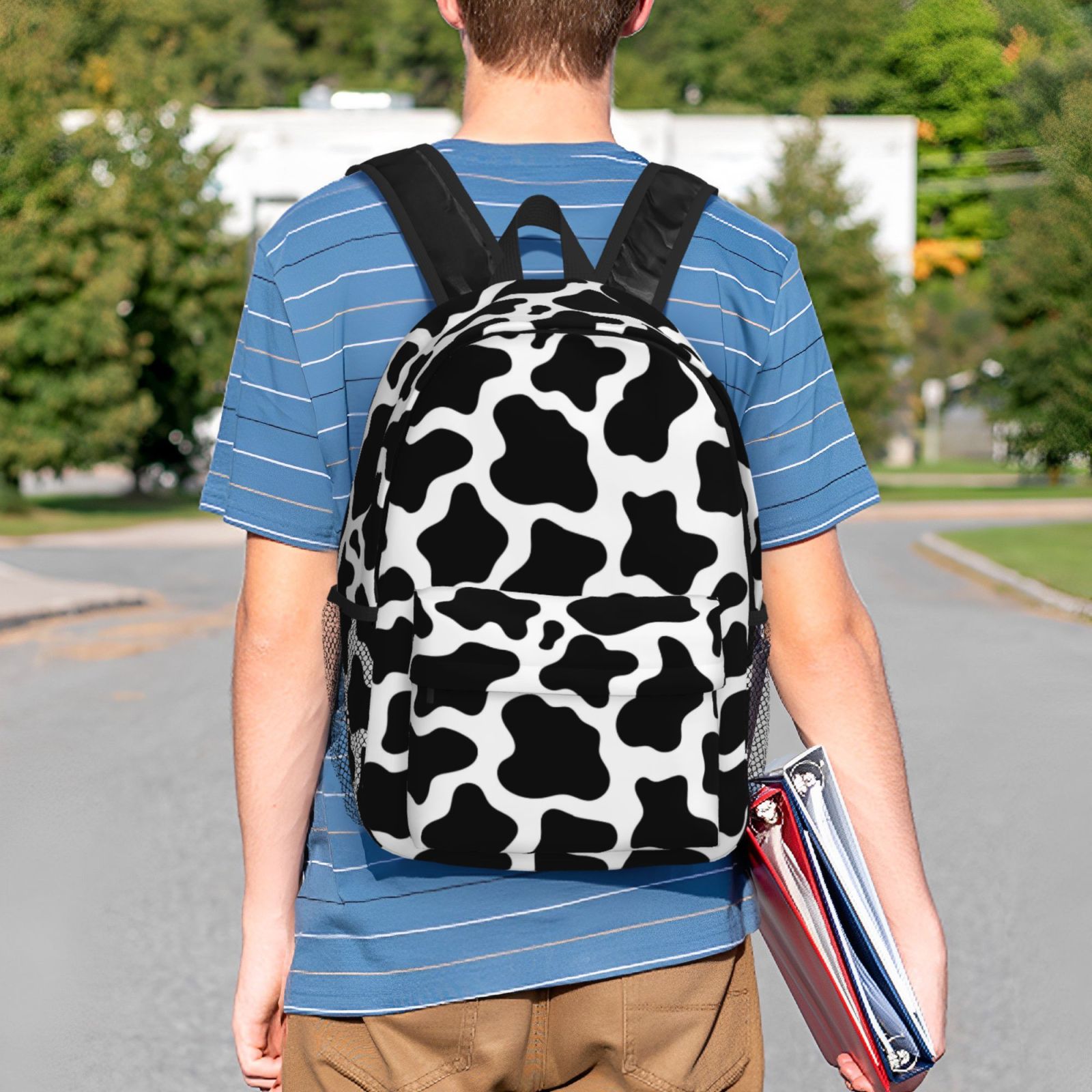 Rateoe Cow Print Black White Pattern Student Backpack Water-resistant Backpack 15-inch Laptop Backpack Lightweight Adjustable School Backpack