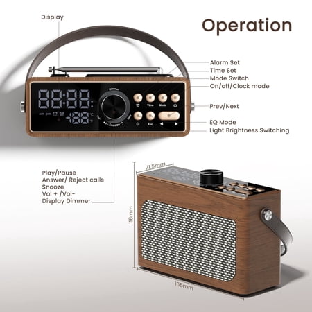 ANTBOOK Retro Portable Bluetooth Speaker with FM Radio & Alarm Clock, LED Display, Vintage Mini for Bedroom Wood