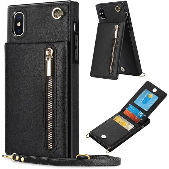 iPhone X Case Zipper Wallet Cover with Credit Card Holder Lanyard Crossbody Strap Women Girls Leather Magnetic Clasp Kickstand Heavy Duty Protective Flip Cover for iPhone X/XS 5.8" Black